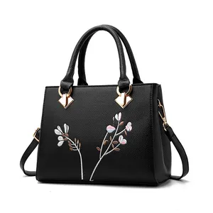 New Design Black Waterproof PU Women Handbags with Embroidery Pattern For Lady Daily Use