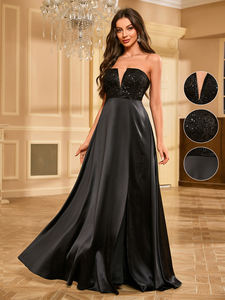 Женские Черные Длинные атласные вечерние платья с высоким разрезом - Product Image 6