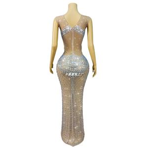 Hochwertiges bodenlanges Abendkleid mit Applikationen, funkelnden Strasssteinen, eleganter Passform, Netzstoff, für Damen, Hochzeit, Abschlussball, roter Teppich, luxuriös - Product Image 3