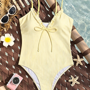 Maillot de bain une pièce rayé pour femme, col en V à volants, noué sur le devant, fines bretelles, coupe haute, monokini, été, plage, vente en gros, OEM - Product Image 5