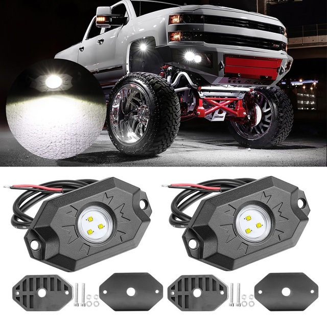 Pack of 2 Pieces 3 Inch 6000K Pure White Light Color Waterproof 12V 24V Led Rock Light for Offroad Trucks