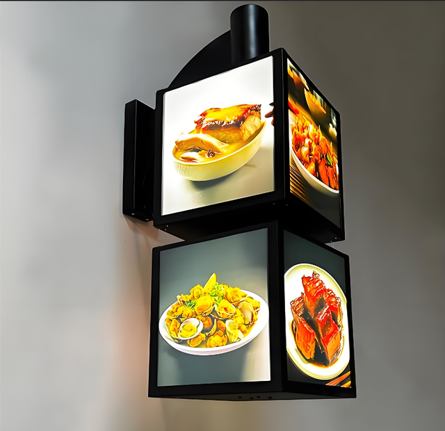 Both Hanging and Floor Standing 4 Sided Rotating square Cube Shape Led Light Box