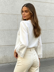 Trending <b>Boho</b> Chic Lace Inlay Deep V Neck 3/4 Sleeve Relaxed Fit Flowy Tunic Blouse Stylish Daily Holiday Streetwear - Product Image 3