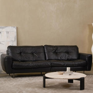 Sofá Nebula Negro de Cuero Genuino con Mechones, Sofá de Dos Plazas con Patas Altas para Sala de Estar - Product Image 1