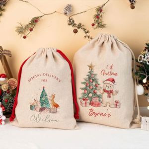 Bolsa de Regalo Navideña Personalizada Ecológica y Duradera para Niños, Saco de Santa Personalizado, Bolsa de Lino y Algodón con Cordón para Fiestas Familiares - Product Image 3