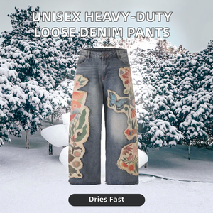 Nouveau pantalon pour homme et femme, vintage, lourd, d'hiver, ample, mi-long, droit, haut de gamme, imprimé à la main, patchwork, 100% coton - Product Image 2