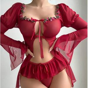 透视新款情趣内衣性感网眼透视长袖狭缝蕾丝外套情趣内衣套装 - Product Image 4