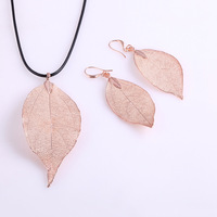 Collier et boucles d'oreilles avec pendentif en feuille véritable, breloque en filigrane naturel avec plaqué or/argent/or rose, cadeau de style punk