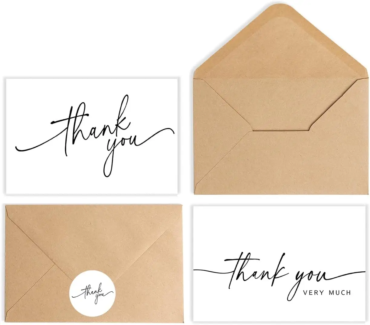 भूरे कागज के लिफाफे और मैचिंग स्टिकर के साथ 24 पीस धन्यवाद कार्ड, 4x6" मिनिमलिस्ट डिज़ाइन | व्यवसाय, बेबी शो के लिए आदर्श