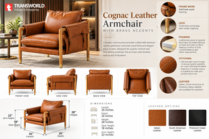 เก้าอี้พักผ่อนหนัง Cognac ดีไซน์เนอร์ พร้อมที่วางแขนทองเหลืองขัดเงา ที่พักแขนโค้งมน และการตกแต่งหุ้มเบาะอย่างหรูหรา สำหรับห้องนั่งเล่น - Product Image 5