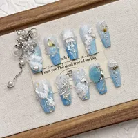 Faux ongles à presser en gros, faits à la main, forme longue queue de sirène bleue, en acrylique, avec accents océaniques