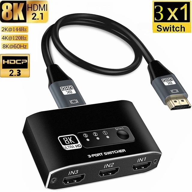 8K HDMI Switch Box 3x1 8K60hz 4K 120hz HDMI 2.1 Switcher Adapter HDCP 2.3 3 in 1 Out Converter for PS5 PS4 Xbox Apple TV PC
