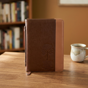 Funda de Biblia de Cuero con Diseño de Árbol Grabado, Bicolor Marrón y Beige, Cierre con Cremallera - Product Image 3