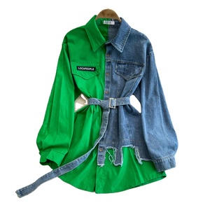 <span class=keywords><strong>Chemise</strong></span> en <span class=keywords><strong>jean</strong></span> à blocs de couleur à taille ajustable avec ceinture, haut mi-long décontracté chic pour <span class=keywords><strong>femme</strong></span>, nouveauté printemps - Product Image 6