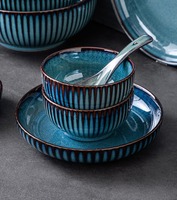Services de table en porcelaine bleu rayé de luxe, très demandés, fabriqués sur mesure, sans BPA, écologiques, résistants aux hautes températures