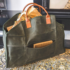 Outdoor Custom Logo Storage Waxed Canvas <strong>Log</strong> <strong>Carrier</strong> Tote Firewood <strong>Carrier</strong> Bag With Pu Handle - Product Image 1