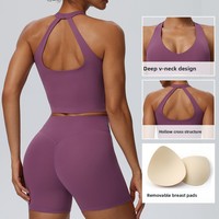 Débardeur de yoga halterneck simple à col en V profond, respirant, très élastique, maintien élevé, en Spandex/Nylon, avec dos flatteur