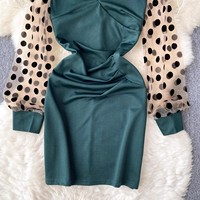 Fashion Sexy Deep V Low-cut Tight Dress Small Polka Dot Mesh Long-sleeved Irregular Bag Hip Bottoming Skirt