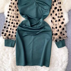 Mode Sexy profonde V coupe basse robe serrée petit à pois maille à manches longues sac irrégulier hanche jupe de <span class=keywords><strong>fond</strong></span> - Product Image 5