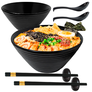 ชามราเม็งเซรามิกชุดชามก๋วยเตี๋ยว2ใบพร้อมตะเกียบและช้อนขนาด38ออนซ์ชามราเมงนุ่มสีดำ - Product Image 1