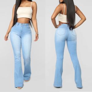 Prix d'usine – Jean évasé sexy taille haute bleu délavé très élastique pour femme - Product Image 2