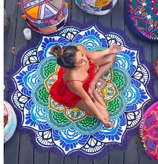 Mandala Tapestry Round Beach Towel Sunblock Round Cover-Up Blanket Lotus Yoga Mat polyester beach towel