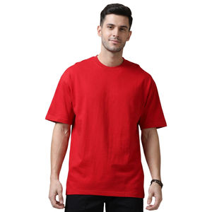 T-shirt en coton blanc streetwear, coupe ample, épaules tombantes, léger, rouge pour homme, avec logo imprimé personnalisé pour un style urbain - Product Image 1