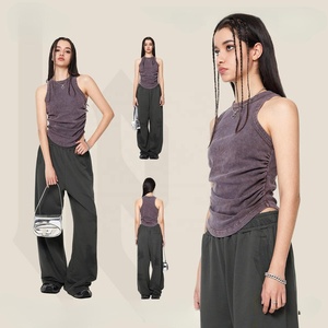 Personalizado verano 235GSM algodón spandex camisola crop top Sexy sólido Correa sin mangas lado plisado chaleco mujeres ácido lavado camisetas sin mangas - Product Image 1