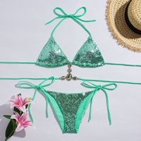 Ensemble bikini 2 pièces à sequins, haut triangle licou avec chaîne en strass, tenue de plage scintillante pour femme, vente en gros, maillot de bain personnalisé
