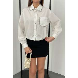 Chemises en popeline blanches ornées en gros, inspirées du style vintage, col à volants, XL, longues, en soie tricotée, brodées pour le printemps et l'automne - Product Image 2