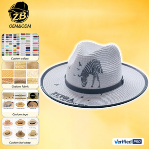 New Trend Panama Straw <b>Hats</b> Custom Fedora Straw <b>Hat</b> Zebra Embroidery Print Summer Beach Sun <b>Hat</b> <b>Cap</b> for Men Women - Product Image 1