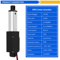 Actionneur linéaire compact portable 50 mm 12 V 30 mm 100 mm de course, moteur à balais, capacité de charge 60 N, étanche IP54, pour ventilateur