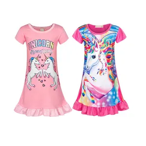 Summer Girls Dresses Pajamas Set Childrens Unicorn Nightdress Long Sleeved Printed Dress Children's Clothing