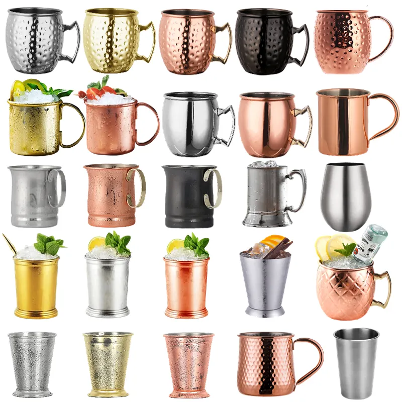 Offre Spéciale cuivre Moscow Mule Tasses Martelé Tasses D'isolation thermique En Acier Inoxydable Placage De Cuivre Or Avec Poignées Tasse De Cuivre