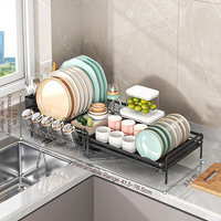 Égouttoir à vaisselle rétractable et pliable 2-en-1 en métal résistant à la rouille avec double égouttoir et support pour tasses et couverts pour cuisine