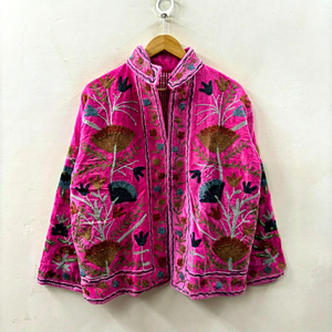 Manteau en velours brodé à la main avec motif floral, col mandarin, manches longues, style bohème, grande taille, vêtements d'extérieur pour femmes en hiver - Product Image 1