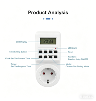 Wattsave 230V 16A Französischer Standardstecker Digitaler Zeitschalter Energiesparender Stecker CE-Zertifiziert IP22 12 Monate Garantie
