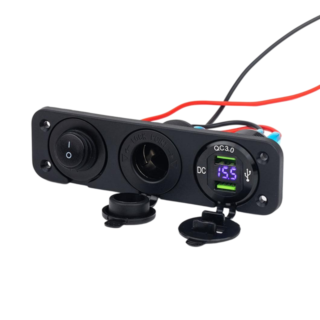 Double USB with Voltmeter QC3.0 Three Ports Panel with Cable 60cm Long Car Switch Panel for Truck Bus Dashboard Control