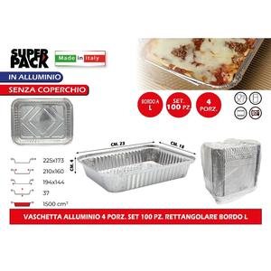 Set di 100 Vassoi Rettangolari in Alluminio a 4 Scomparti con Bordo a L - Product Image 1