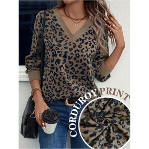 Women Leopard Print V Neck Long Sleeve Sweater Vintage Loose Pullover Tops Autumn Wear - Product Image 4
