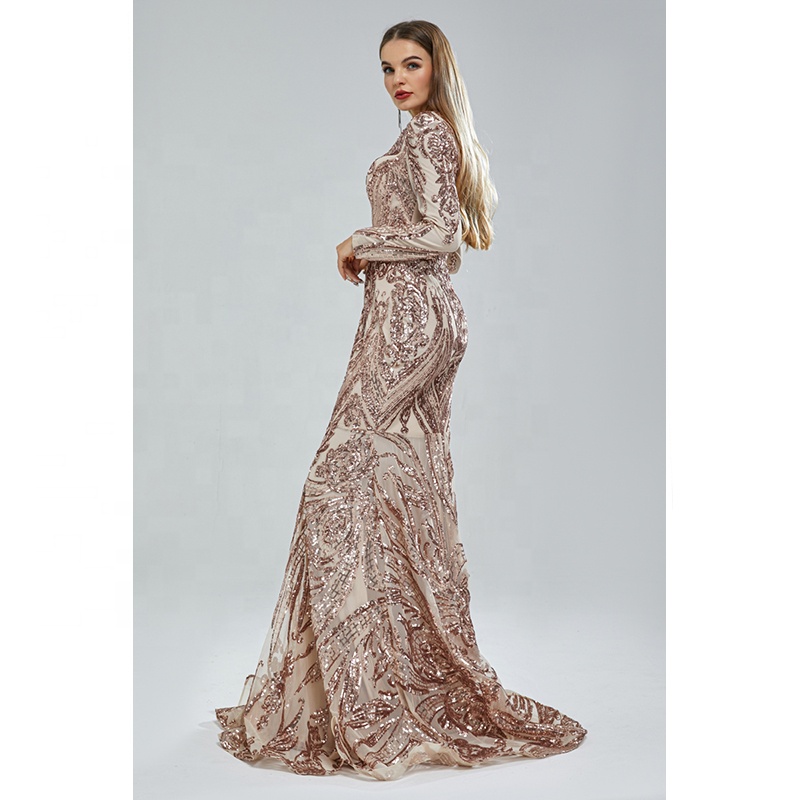 long sleeve rose gold prom dress Rose Gold Lace Prom Dresses Long Sleeve Beaded Evening Dress 20085 –  Viniodress