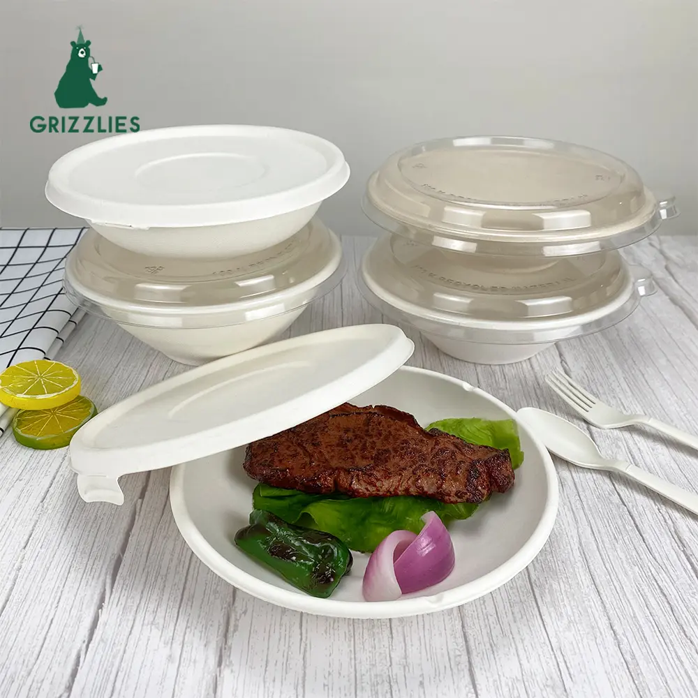 Disposable Sugar Cane Bowl 12oz 16oz 24oz 30oz 350ml 500ml Round Sugarcane Pulp Bagasse Takeaway Salad Soup Bowl With Clear Lid