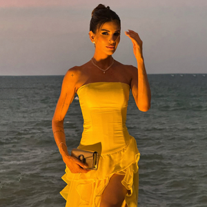 Vestido Maxi Elegante Personalizado al por Mayor, sin Tirantes, con Volantes, Abertura Lateral, Color Sólido, para Damas - Product Image 5