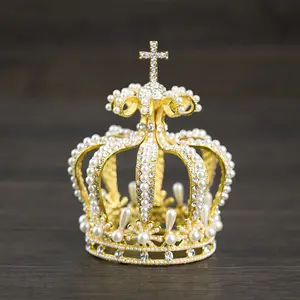 定制批发世界小姐选美婚礼蛋糕皇冠装饰珍珠十字头饰皇冠