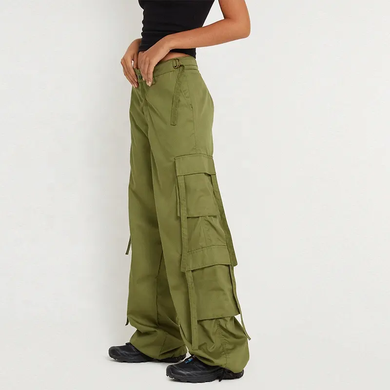 Pantaloni casual da donna a vita bassa con gamba larga e design cargo con tasche pantaloni cargo verde militare a gamba larga