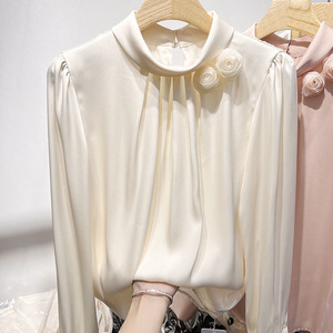 Collection Printemps 2025 – Blouse élégante en satin de soie à manches longues pour femme, coupe ajustée, fleur tridimensionnelle, couleur unie, style décontracté - Product Image 6