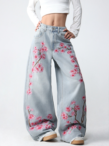 Nouveau <span class=keywords><strong>Jean</strong></span> Large en Denim Brodé Taille Mi-Haute pour Femme, Style Tendance et Personnalisé - Product Image 1