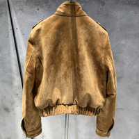 Blouson bomber rétro en daim et peau de mouton pour femme, coupe courte, ourlet côtelé, fermeture éclair unie