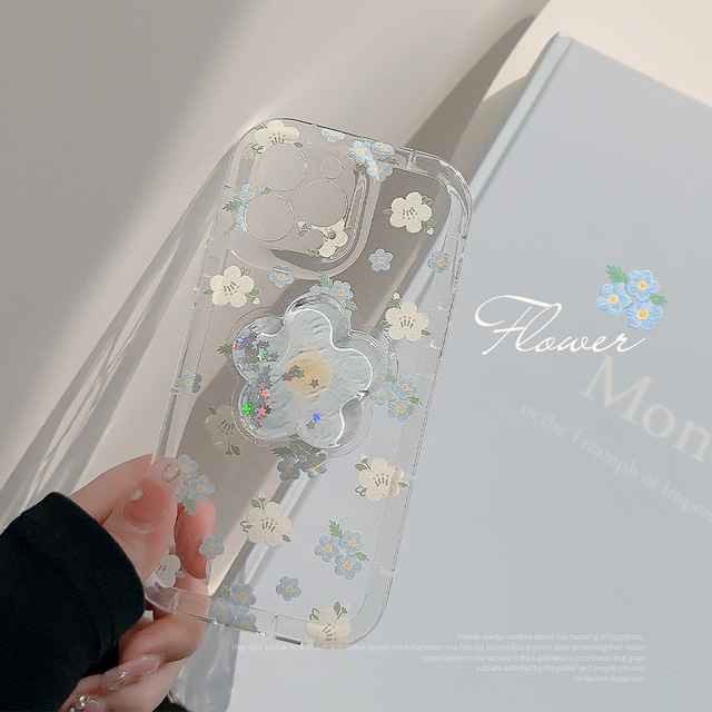 Clear Puff Floral Flowers Soft Case for iPhone 16 ProMax 15 Women's Cute Grip Holder Cover Bracket Stand Mobile Phone Cases