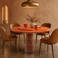 Table à manger ronde en travertin naturel, base en forme de cône, mobilier de salle à manger moderne et luxueux pour hôtel et restaurant, personnalisable